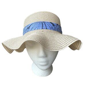 Straw Hat Wide Brim Sun Hat Beach Blue Ribbon‎ Hatband for Toddler Girls